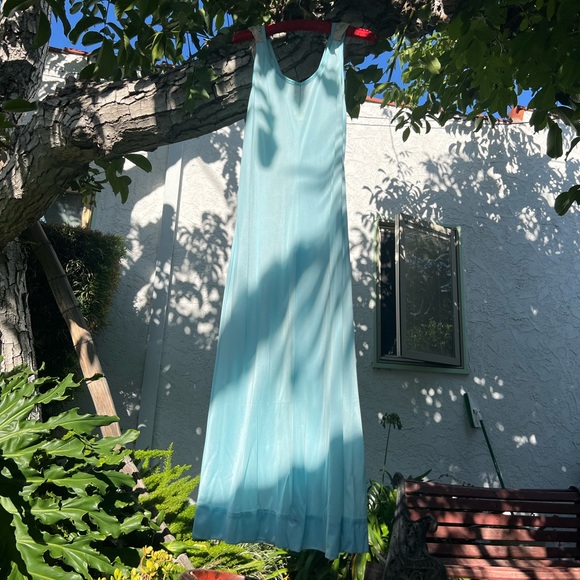 Vtg Baby Blue V-Neck Sleeveless Slip Dress with Floral Lace Neckline | Small - Picture 7 of 17
